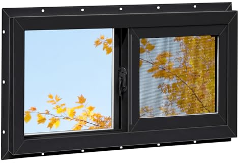 NOTASA Ventana de vinilo para sótano, ventana corredera de baño de 24 x 16 pulgadas con vidrio templado aislado de doble panel y pantalla de fibra de vidrio para sótano, baño, cobertizo (negro)