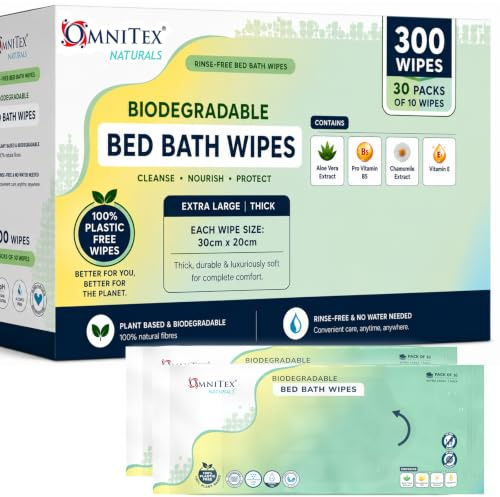 300x Omnitex Biodegradable Extra Large & Thick Bed Bath Wipes - Microwaveable | Bulk rinse-free Body Wipes for Cleansing, Camping, Festivals, Elderly | Alcohol Free With Aloe Vera & Vitamins | 30x10pk