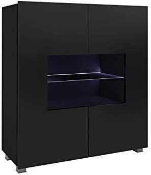 Mirjan24 Kommode Calabrini BR01 mit 2 Türen, Sideboard, Anrichte, 100x107x35 cm, Highboard, Mehrzweckschrank, Wohnzimmer (Schwarz/Schwarz Hochglanz, mit weißer LED Beleuchtung)