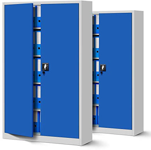 Jan Nowak 2er Set Aktenschrank XXL C001II Büroschrank Metallschrank Flügeltüren Stahlblech Pulverbeschichtung 185 cm x 115 cm x 40 cm (grau/blau)