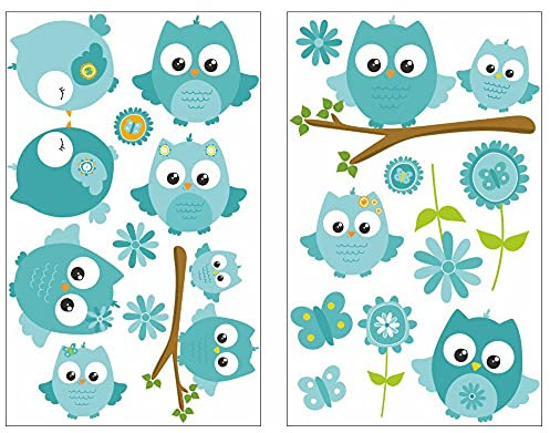Samunshi® 19x Wandsticker Türkise Eule Wandtattoo Kinderzimmer Mädchen Jungen Kinder Wandtattoo Babyzimmer Deko Junge Wall Stickers 2x 21x34cm