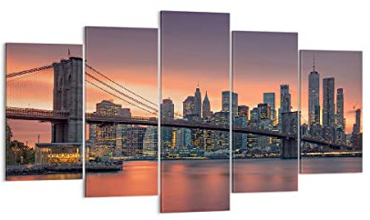 ARTTOR Bilder auf Leinwand 160x85cm Wandbild Architektur Städte - 4048 | New York Brücke Nacht Mehrteilige Groß XXL Wanddekoration Wohnzimmer Schlafzimmer Wanddeko Wand Kunstdruck Wandkunst ARTTOR