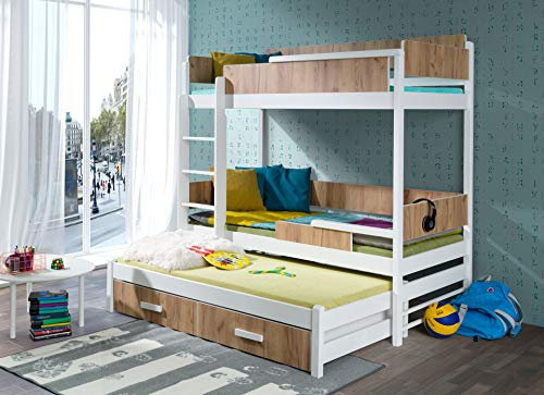 naka24 Massivholz Kiefer Etagenbett 3 Liegeflächen Ink.3Matratzen 190x80 Kinderbett Quatro NEU (weiß/Eiche)