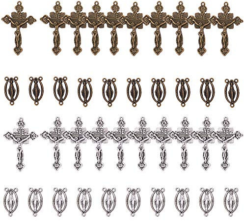 SUNNYCLUE 40 STÜCKE 2 Farbe Tibetischen Stil Rosenkranz Kreuz Und Zentrum Wunderbare Medaille Mit Legierung Kruzifix Kreuz Anhänger Und Oval Kronleuchter Links Für Rosenkranz Heiligen Perlen Halskette