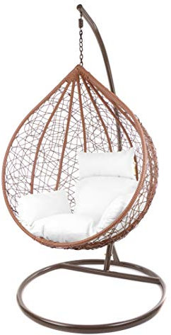 KIDEO Komplettset: großer Hängesessel mit Gestell & Kissen, Korbsessel, Poly-Rattan (Korb & Gestell: braun, Kissen: weiß Nest (1000 Snow))