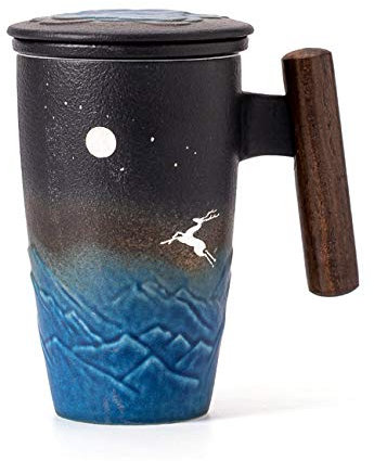 TANG PIN - Tazza da tè in ceramica dipinta Moonlight Deer con infusore e coperchio, con manico in legno, 340,2 g, colore: nero e blu