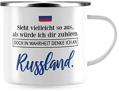 JUNIWORDS Emaille-Tasse, Sieht vielleicht so aus, als würde ich dir zuhören. Doch in Wahrheit denke ich an Russland (1001338), Silberner Tassenrand
