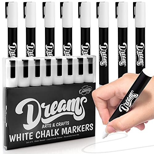 The Glowhouse Weiße Flüssigkreide-Marker, 8 Stück, löschbar, ungiftig, Kreidetafel-Marker auf Wasserbasis mit wendbarer Spitze für Kinder und Erwachsene, perfekt für Glas, Spiegel und Schilder