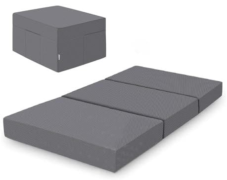 Amazon Basics - Faltbare Memoryschaum Gästematratze mit Bezug, Mittel Fest, 75 x 195 x 10 cm, Grau