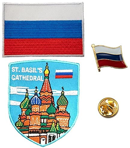 A-ONE 3 Stück – St. Basilikuskathedrale Applikation + Russland-Flagge und Anstecknadel, Russland Zwiebelkuppel-Stickerei, Russland Fla Badge Pin Nr. 212B