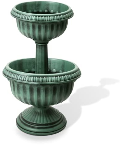 Crystals 2 Tier Planter Display Flowers/Plants Antique Effect Stable Base Outdoor Garden Patio Decking Balcony Indoor Decor Green