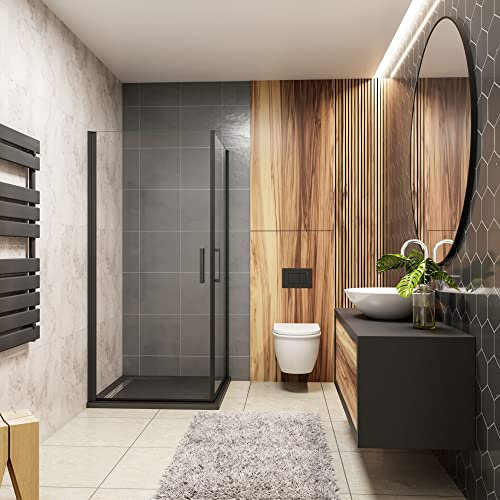 Box Doccia Angolare Alto 200 cm Due Porte a Battente Vetro 8 mm Temperato Anticalcare Telaio Nero Opaco Misura 90x80 cm