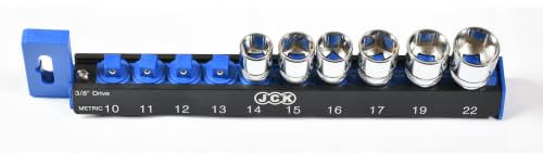 JCK 3/8 Inch Drive Socket Organiser Rail, 10-22mm Metric, 10 Clips | Trapezoid Aluminum Rail Holds 10 Metric 3/8 Sockets with Spring Clips, 360° Rotation, and Quick Slide Access.
