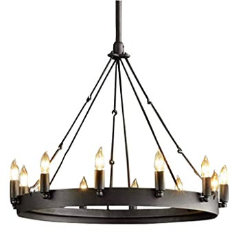 Lámpara de araña de 12 luces con rueda de carro negro, estilo rústico industrial, lámpara colgante grande para comedor, isla de cocina, 75 cm