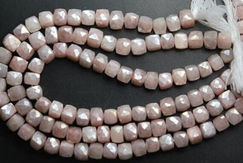 LKBEADS 8 Inch Strand,Finest, Rose Pink Peach Color Mystic MOONSTONE Faceted 3D Cube, Size 7-8mm