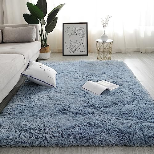 Swsen Tapis Salon Shaggy Longs Super Doux - Tapis Shaggy Moelleux Dessous Antidérapant - Tapis Chambre Moderne Lavable à Poils Longs 50 x 80 cm, Bleu Mer