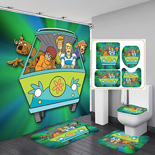 AOLDHYY Scooby Scoob Badezimmer 4-teiliges Set Duschvorhang, WC-Deckelbezug und Badematte, rutschfeste Teppiche, langlebig und wasserdicht, für Badezimmer-Dekor-Set, 182,9 x 182,9 cm