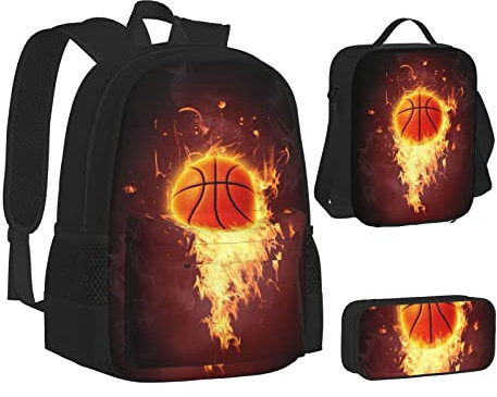 OGNOT Zaino da scuola di stampa di pallacanestro per ragazzi ragazze borse da scuola Bookbag con sacchetto per il pranzo della matita, set da viaggio, Pallacanestro, Taglia unica