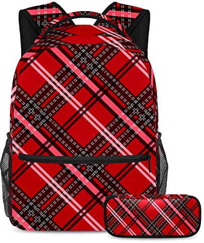 TBOUOBT Reiserucksack-Set, leichter Laptop-Rucksack für Damen und Herren,Rot schwarz kariert Retro