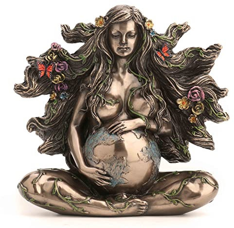 Veronese Design Skulptur sitzende Schwangere Mutter Gaia mit Schmetterlingen, Kaltgussharz, Bronze-Finish, 11,4 cm