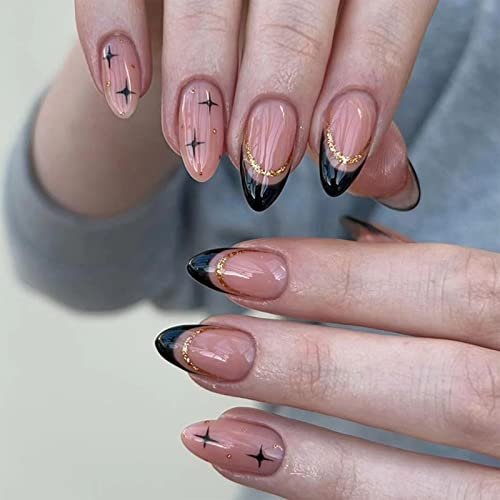 24pcs French Tip False Nails Short Almond Black Edge Stick on Nails Star Press on Nails Removable Glue-on Nails Full Cover Acrylic Fake Nails Women Girls Nail Art Accessories