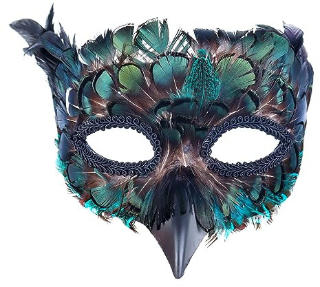 Cranight Venezianische Maske Damen Herren, Maskenball Masquerade Mask, Schwarze Federmaske Rabenmaske für Karneval Fasching Halloween Cosplay Kostüm Zubehör (green)