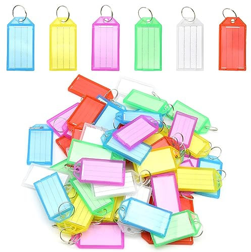 Yosawo Lot de 60 porte-clés en plastique avec étiquettes en papier lignées transparentes et anneaux fendus pour hôtel, bureau, école, bagages
