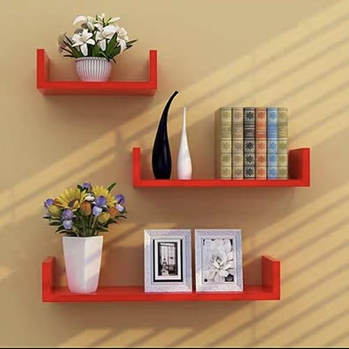 YokiMa Étagères murales en Bois Rustique pour Mur, étagères flottantes en Forme de U, étagères flottantes pour Mur, Ensemble de 3 étagères de Rangement murales, Chambre à Coucher,Rouge