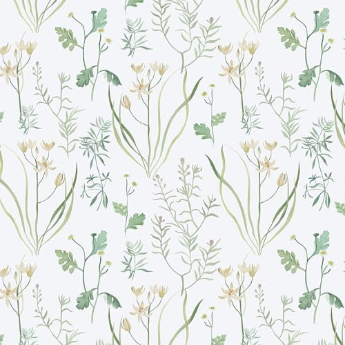 Timeet Papel Pintado Autoadhesivo 41 x 300 cm Lámina adhesiva Blanco Verde Hojas Flores Papel Pintado Autoadhesivo Plantas Muebles Película Decorativa Película Impermeable Vinilo para Salón Dormitorio
