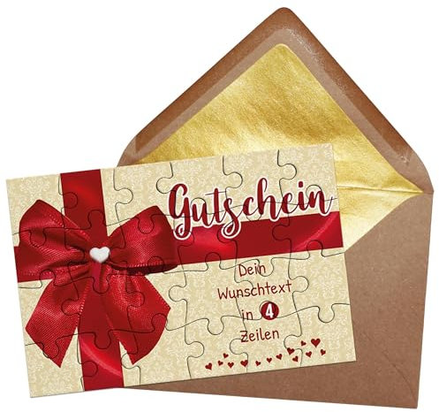 PR Print Royal Fotopuzzle als Gutschein - Geschenkschleife - Puzzle mit 4 Zeilen Text Personalisieren Familie und Freunde | 24 Teile inkl. Briefumschlag mit Gold-Inlay