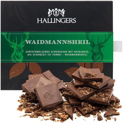 Hallingers Waidmannsheil - Vollmilch Edel-Schokolade mit Haselnuss-Nougat - handgemacht, alkoholfrei - für Jäger (Box) - Geschenkideen Weihnachten & Geschenke Adventskalender | Geburtstag Glückwunsch