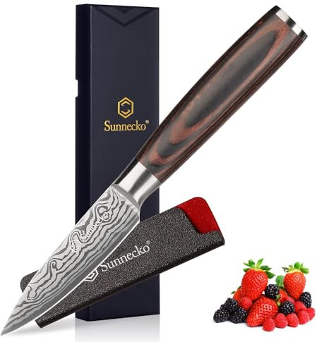 Sunnecko Couteau Office Cuisine 9 cm en Acier Inoxydable, Couteau d'office Japonais Professionnel Lasé à Éplucher Fruit Légume, Manche en Pakkawood