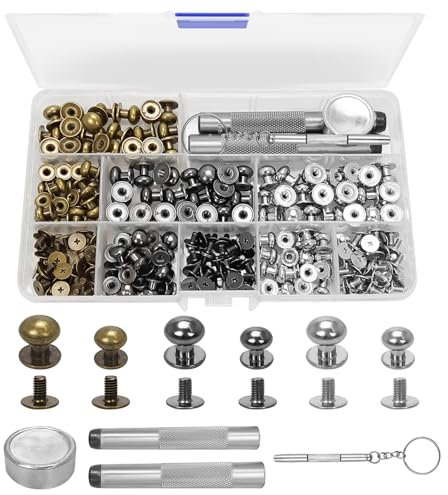 120 unidades de 8 mm/10 mm, cabeza redonda, remaches de doble tapa, tornillos Chicago, cabeza redonda de latón para manualidades, cuero, reparaciones, cartera (bronce, negro perlado, plata)