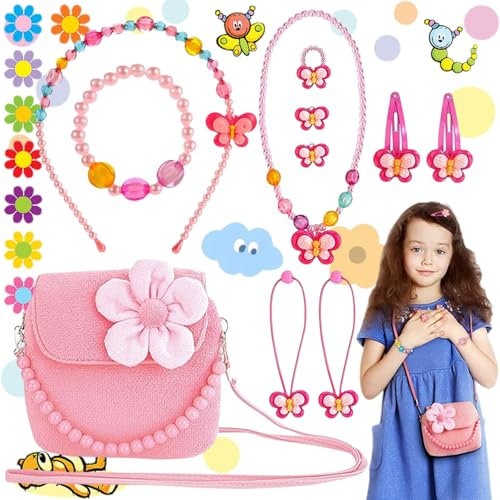 lankai 8 Stück Kinderschmuck Set, Handtasche Schmuckset Für Mädchen, Mädchen Schmuckset Geschenk, Süße Plüsch Handtasche Für Party Dress Up Geschenk, Für Geburtstage, Mottopartys(Pink)