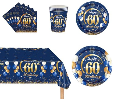 69Pcs Navy Blue Gold 60th Birthday Party Tableware, Blue 60th Birthday Tableware Set with Paper Plates,Napkins serviette, 60th Table Cloth, Paper Cups for Women Birthday Party Table Decorations
