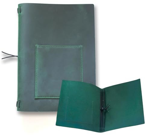 KISSKI·H Olvido A5 Travelers Notebook Cover, Refillable Leather Journals Cover with Pen/Phone Pocket, Soft Leather A5 6x9in Writing Diary Cover for 5.5x8.5 Paper, Handmade Gift for Women/Men, Green