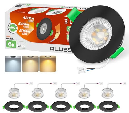 ALUSSO LIGHTING LED Einbaustrahler 230V Dimmbar Schwarz, 6W Spots Flach 68mm mit Abnehmbar Modul, 3CCT Warmweiß Naturweiß Kaltweiß IP44 Einbauleuchten Deckenspots für Badezimmer Küche, 6er