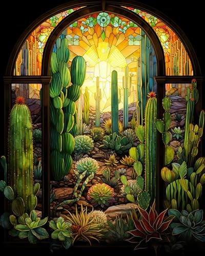 Paint by Numbers for Adults Beginner,Kaktus auf Buntglasfenster,Simple Handmade Oil Painting Art,40x50cm ohne Rahmen