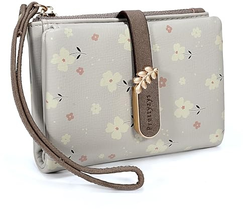 UTO Mini Geldbörse Damen Kleines Portemonnaie Blumen Viele Fächer mit Münzfach PU Leder Druckknopf Reißverschluss Leicht Brieftasche für Frauen Slim Portmonee Jungen Geldbeutel für Geschenk Grau
