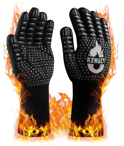 Guantes Barbacoa, Guantes para Horno, Resistentes al Calor hasta 800°C, Guantes de Cocina, con Silicona Antideslizante, Lavables, para Cocina, BBQ, Parrilla, Hornear, Microondas (L/XL Negro)