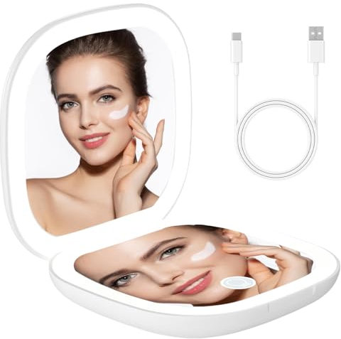 GOMETY LED Taschenspiege, Schminkspiegel von beiden Seiten mit 1X/10×Vergrößerung und Beleuchtung 3 dimmbare Lichtfarben USB Wiederaufladbarer Tragbarer Kleiner Reisespiegel Klappbar für Unterwegs