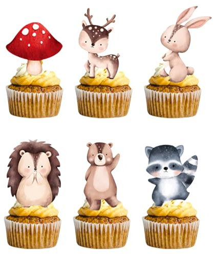 Calkkrer 24 PCS Waldtiere Cake Topper, Niedliche Tortendeko Kinder, Cupcake Topper Für Dschungel Deko Geburtstag, Waldtiere Kuchendekoration, Muffin Deko Für Geburtstag Party