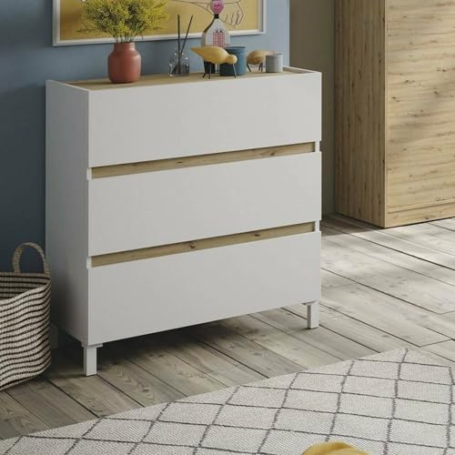 Dmora - Kommode Forfar, Mehrzweckkommode, Schlafzimmerkommode, Schrank mit Schubladen, 79x41 h91 cm, Weiß und Knoteneiche