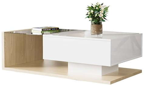 Couchtisch, Beistelltisch in Hochglanz Weiß und Holzkombination, Glas und LED Beleuchtung, mit Schubladenablage