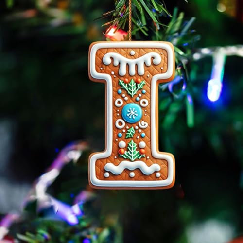 26 Gingerbread Alphabet Ornaments for Christmas Tree, Candy Cane Initial Letter Pendant with Berries Pattern, Mini Monogram Hanging Decorations, for Christmas Party Gifts DIY Decor (I)
