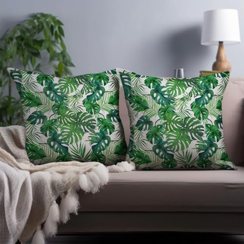 Cryfox Tropical Palm Leaves Pillow Covers 18x18 Set of 2 Summer Green Palm Tree Throw Pillow Cover Jungle Leaf Pillow Case Decorative Cotton Linen Pillowcase for Sofa Couch Home Decor