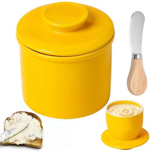 BAIFULAI Französische Butterdose, Keramik Butterglocke mit Rund Deckel, butterdosen Wassergekühlt mit Wasserlinie, Butterdose Porzellan, Keramische Butterglocke für Streichfähige Butter Gelb