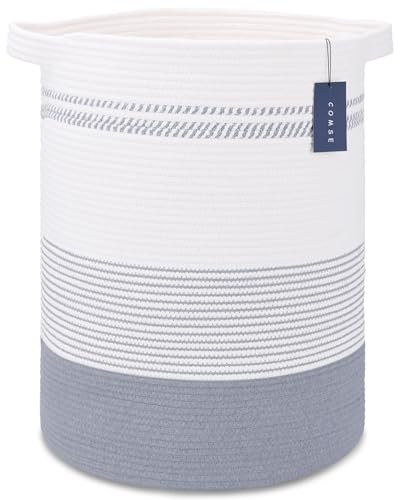 COMSE Extra Large Blanket Basket, Tall Laundry Basket, Nursery Hamper, 40 x 55 CM, Cotton Rope Woven Laundry Hamper for Storage Toys Clothes Towels, Light Gray & White