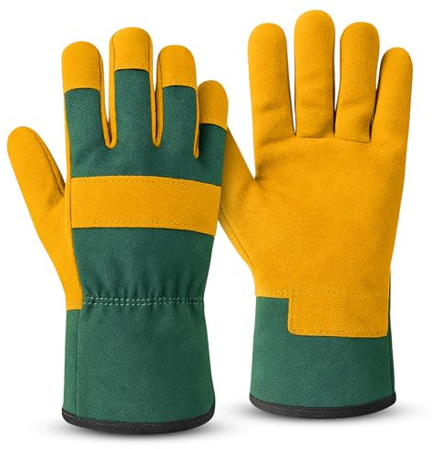 KEPLIN Gardening Gloves Pair for Men & Women – Premium Cowhide Leather and Fabric, Thorn & Puncture Resistant, Breathable & Durable Work Gloves for Gardening, Farming & DIY – Large 26cm, Yellow&Green