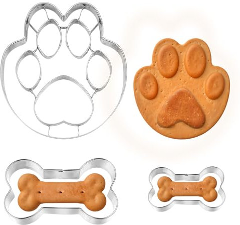 HJZHII 3 Stück Ausstechformen Set, Keksausstecher aus Edelstahl Plätzchenausstecher Waffeleisen Kuchen Deko Torte Paw Ausstecher Hundepfote Großer Knochen Kleiner Knochen für Plätzchen Kekse